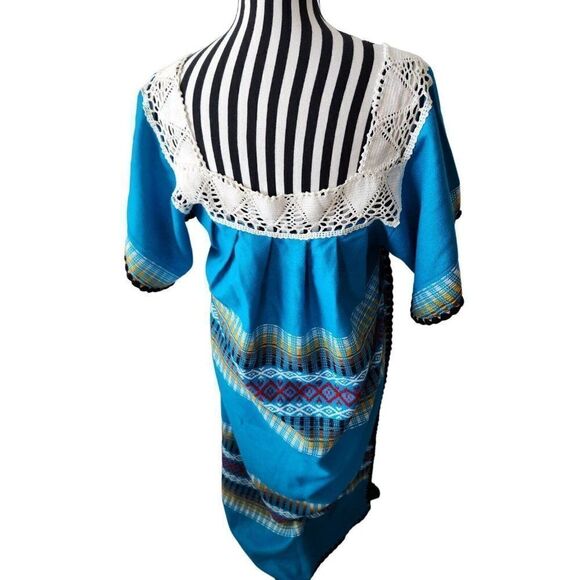 Vintage 90s Embroidered Indian Blanket Maxi Dress M Vibrant Blue Boho - Picture 7 of 8